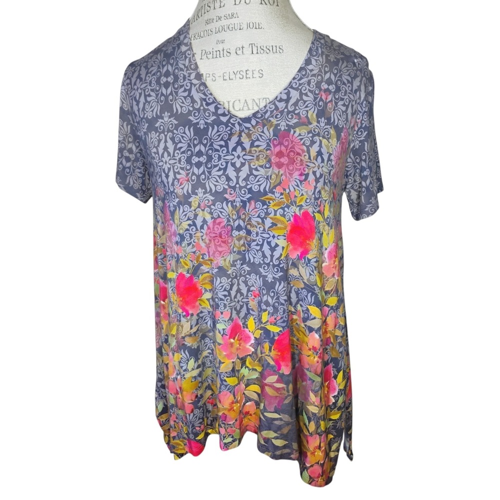 Johnny Was Locust Drape Tee Womens Small Floral Boho Bohemian Comfy Split Hem